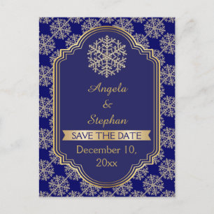 Gold, blue snowflake & frame wedding Save the Date Announcement Postcard