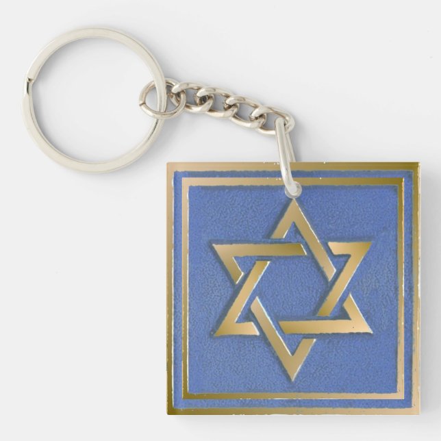 Gold Blue Star of David Art Panel  Key Ring (Front)