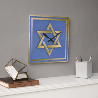 Gold Blue Star of David Art Panel Square Wall Clock