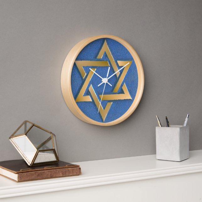 Gold Blue Star of David Art Panel Tie or Lapel Pin Clock (Office)