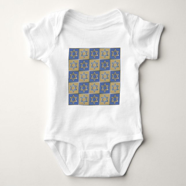 Gold Blue Star of David Art Panels Baby Bodysuit (Front)