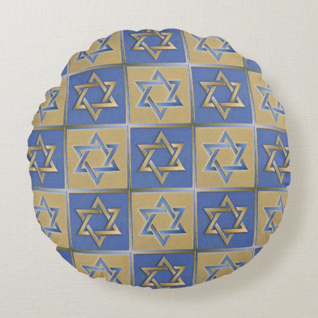 Gold Blue Star of David Art Panels Round Cushion (Front)