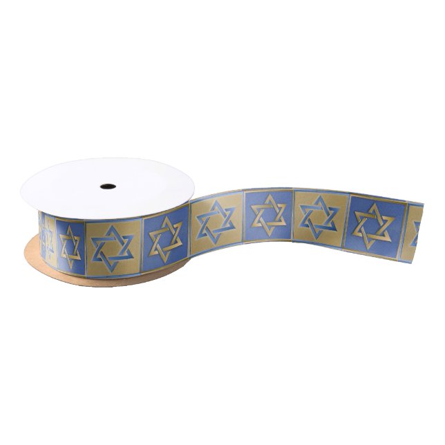Gold Blue Star of David Art Panels Satin Ribbon (Spool)