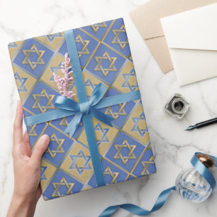 Gold Blue Star of David Art Panels Wrapping Paper
