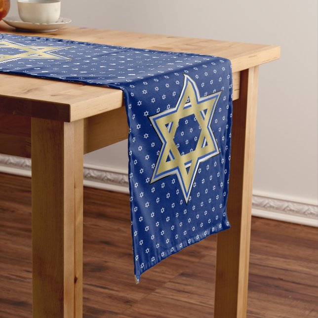 Gold Blue Star of David Lengthwise Navy Blue Extra Long Table Runner (In Situ)