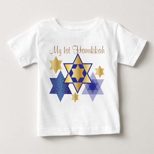 Gold & Blue Stars of David My 1st Hanukkah Baby T-Shirt (Front)