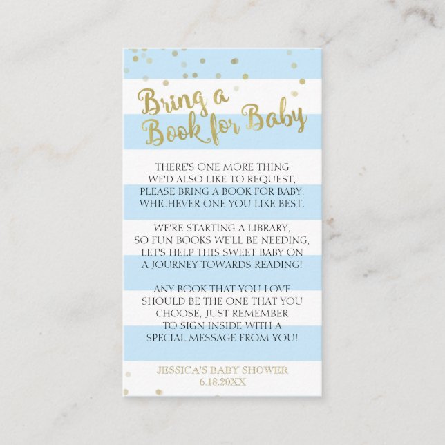 Gold Blue Stripes Baby Shower Bring a Book Insert (Front)