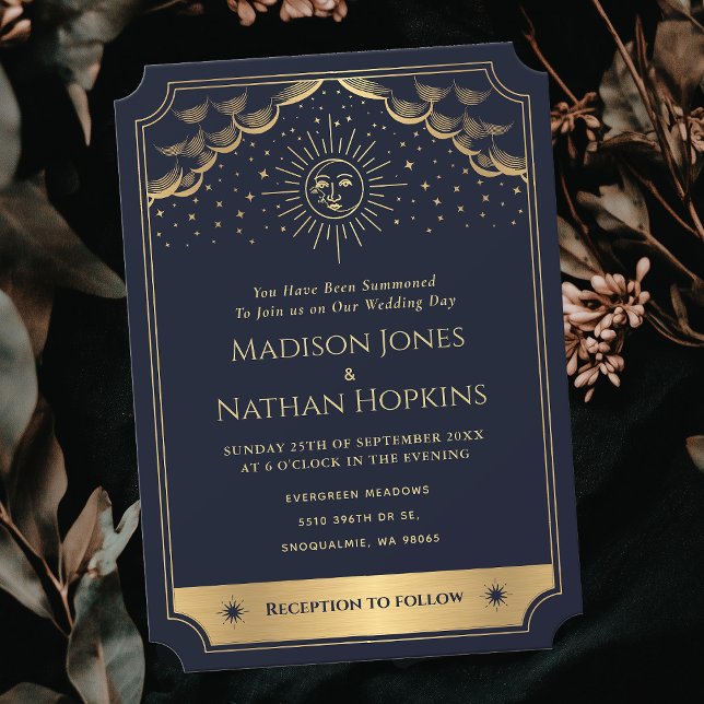 Gold & Blue Sun and Moon Tarot Card Wedding Invite (Creator Uploaded)