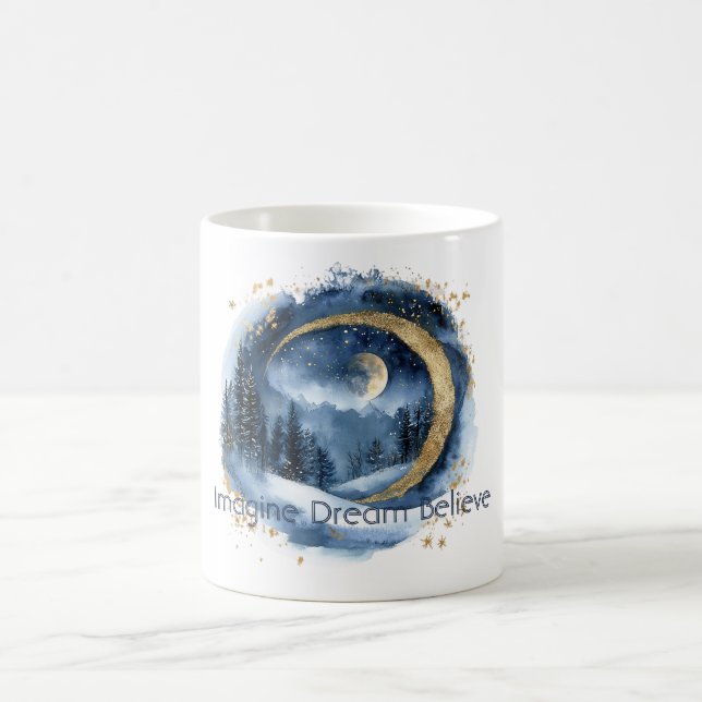 Gold Blue Trees Imagine Dream Believe   Coffee Mug (Center)