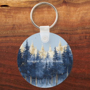 Gold Blue Trees Imagine Dream Believe Key Ring