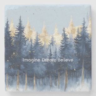 Gold Blue Trees Imagine Dream Believe Stone Coaster