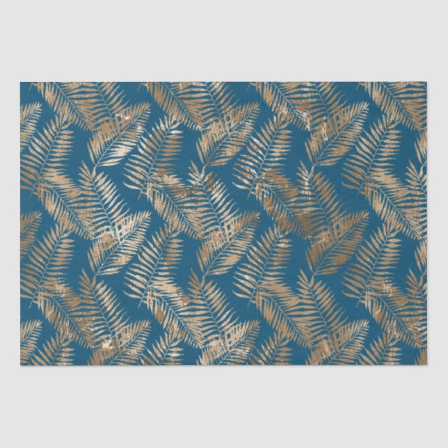 Gold Blue Tropical Leaves Tissue Paper (Front)