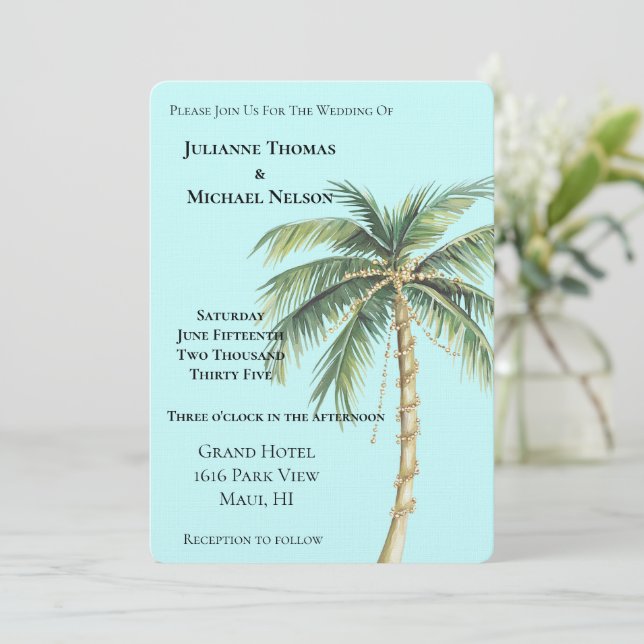 Gold Blue Tropical Palm Tree Wedding Invitation (Standing Front)
