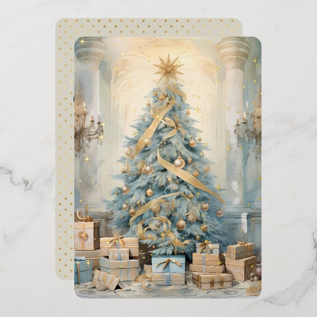 Gold Blue Vintage Christmas Tree Holiday Card (Front/Back)