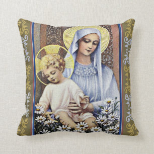 Gold/Blue Virgin holding Baby Jesus with border Cushion