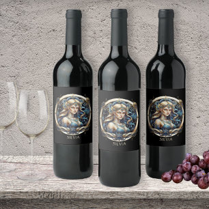 Gold Blue Virgin Typography Astrology Symbol Virgo Wine Label