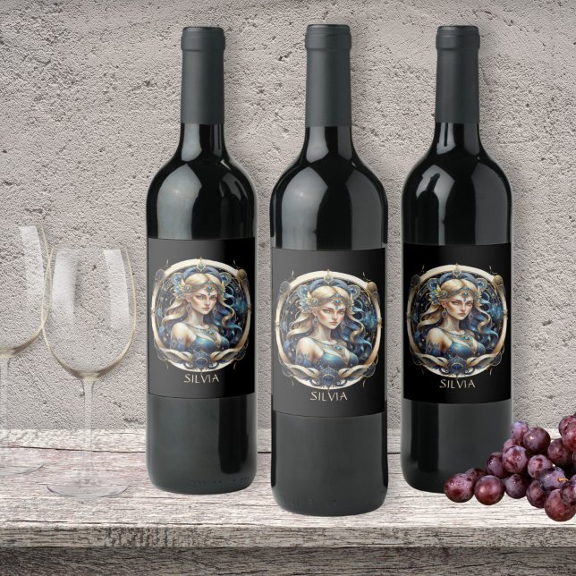 Gold Blue Virgin Typography Astrology Symbol Virgo Wine Label (Creator Uploaded)