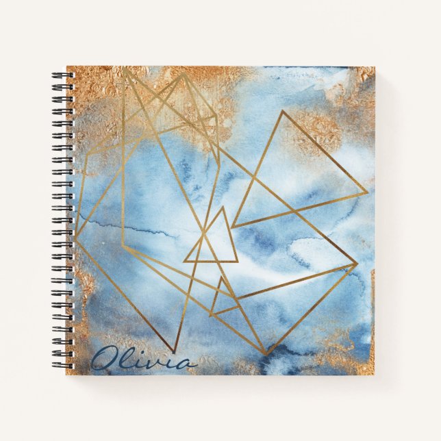 Gold Blue Watercolor Abstract Name Script Notebook (Front)