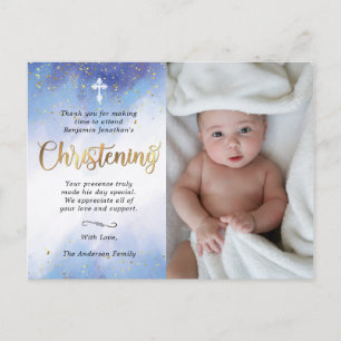 Gold & Blue Watercolor Christening Photo Thank You Postcard