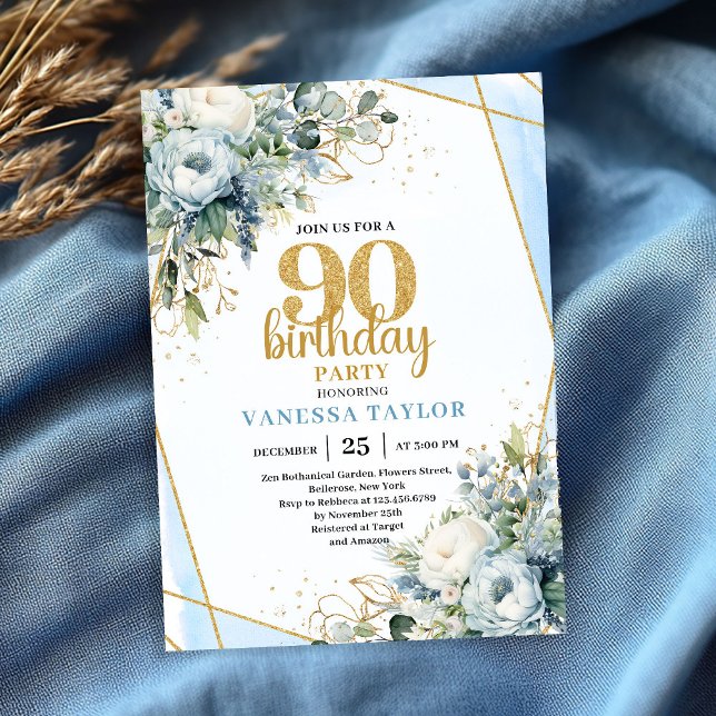 Gold Blue Watercolor Elegant 90th Birthday Invite (Gold Blue Watercolor Elegant 90th Birthday Invite)