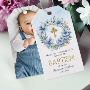 Gold & Blue Watercolor Floral Photo Boy Baptism Gift Tags