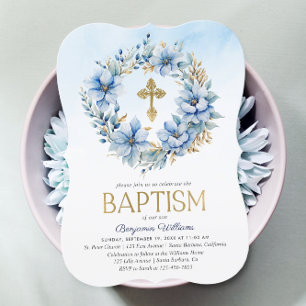 Gold & Blue Watercolor Floral Photo Boy Baptism Invitation