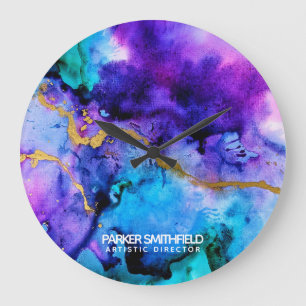 Gold Blue Watercolor Large Clock