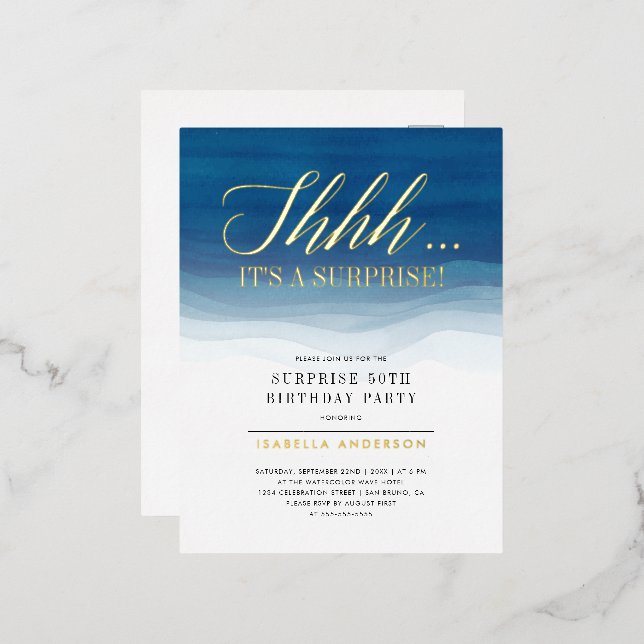 Gold & Blue Watercolor Surprise Birthday Foil Invitation Postcard (Front/Back)