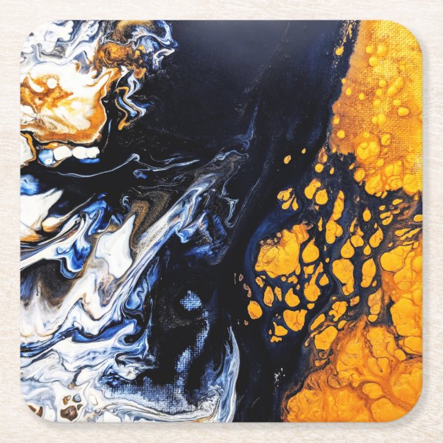  Gold, Blue & White Acrylic Painting Abstract Art  Square Paper Coaster (Front)