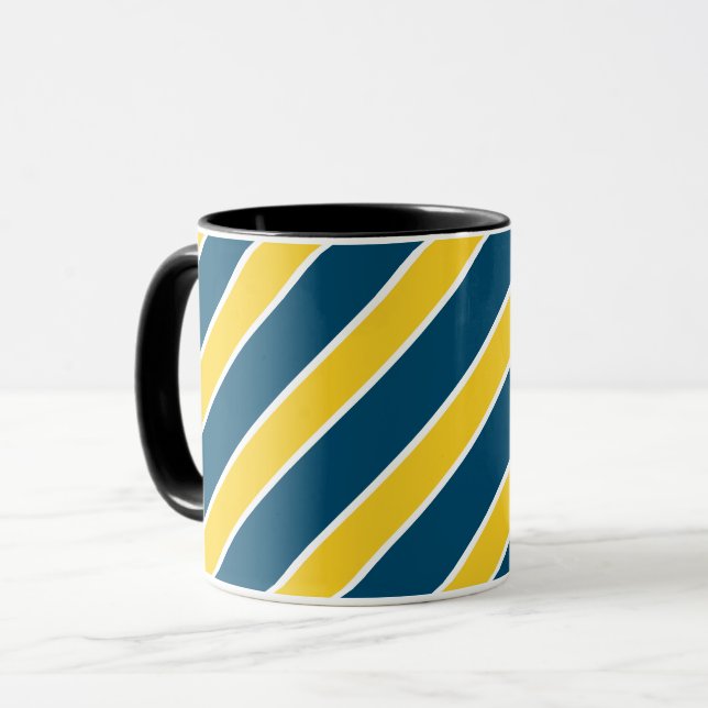 Gold/blue, white bands, stripes, angled, slanted mug (Front Left)