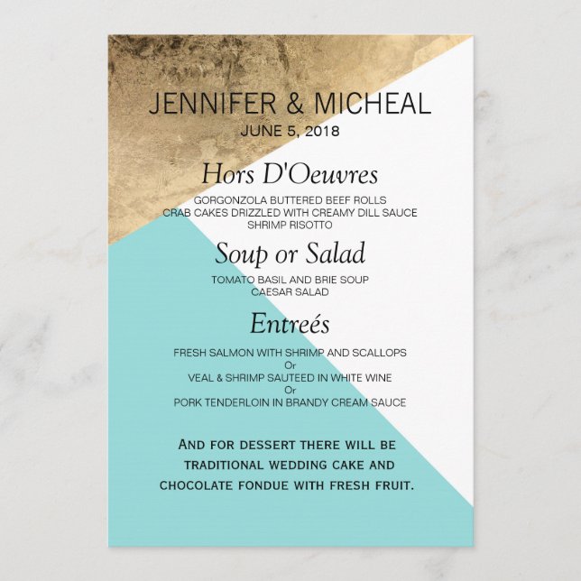Gold Blue White Geo Triangles Wedding Menu (Front)