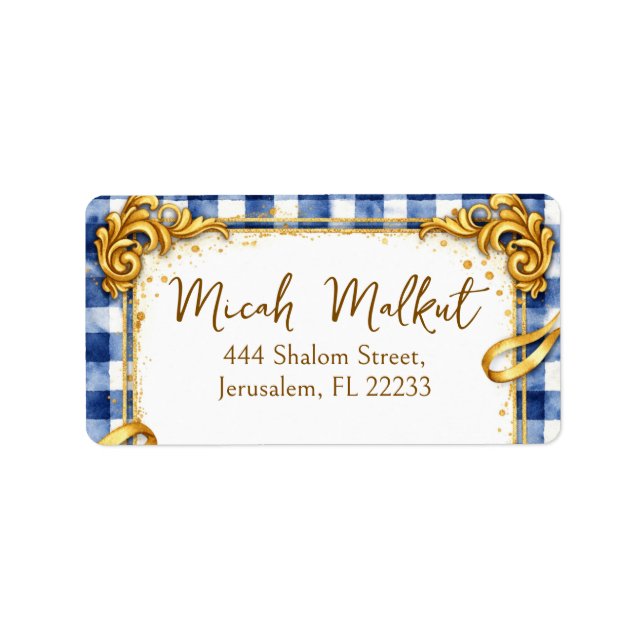 Gold Blue White Gingham Luxury Return Address Label (Front)