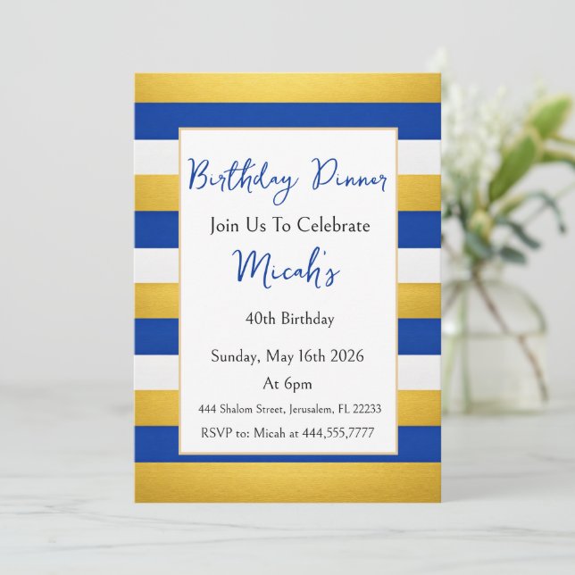 Gold Blue White Horizontal Lines Modern Luxury  Invitation (Standing Front)