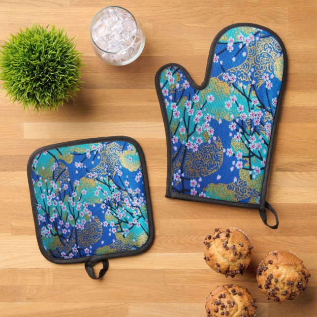 Gold Blue White Japanese Sakura Kimono Floral  Oven Mitt & Pot Holder Set (Top Down)