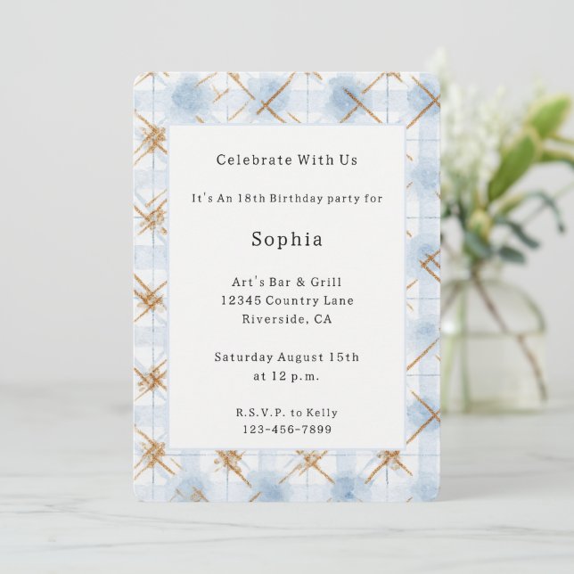 Gold Blue White Stripes Birthday   Invitation (Standing Front)