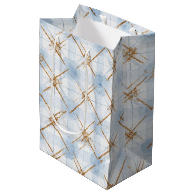 Gold Blue White Stripes Bridal Shower Medium Gift Bag (Front Angled)