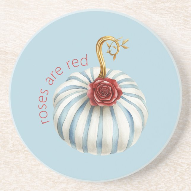 Gold Blue White Stripes Red Rose Pumpkin Coaster (Front)