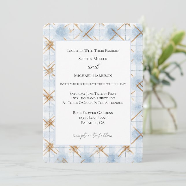 Gold Blue White Stripes Wedding Invitation (Standing Front)