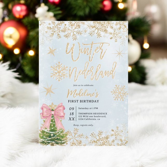 Gold blue Winter Wonderland First Birthday Party Invitation (Gold blue Winter Wonderland First Birthday Party Invitation)