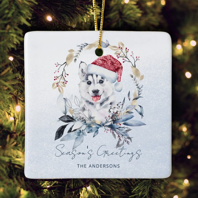 Gold Blue Wreath Siberian Husky Dog Pup Christmas Ceramic Ornament (Creator Uploaded)