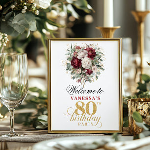 Gold blush burgundy 80th birthday 8x10 welcome sig poster