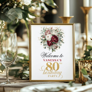 Gold Blush Burgundy 80th Birthday Welcome Sign