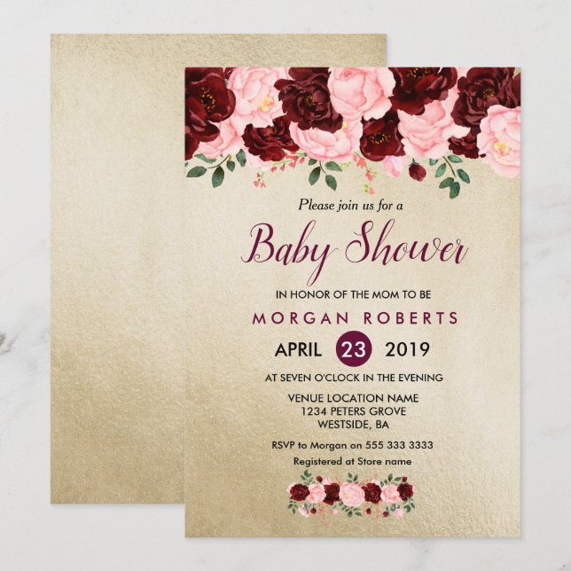 Gold Blush Burgundy Floral Baby Shower Invitation (Front/Back)