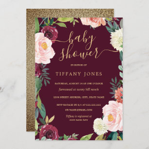Gold Blush Burgundy Floral Baby Shower Invite