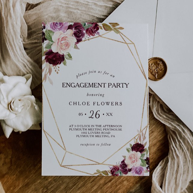 Gold Blush Burgundy Floral Engagement Party Invitation (Creator Uploaded)