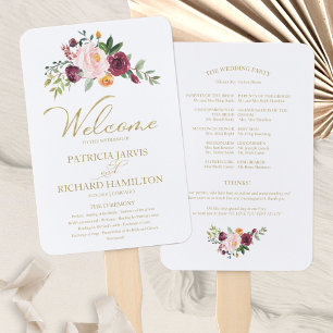 Gold Blush Burgundy Floral Wedding Program Hand Fan