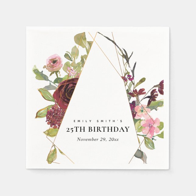 GOLD BLUSH BURGUNDY ROSE FLORAL ANY AGE BIRTHDAY NAPKIN (Front)
