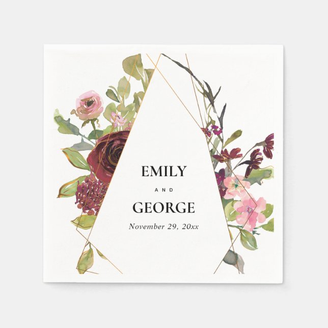 GOLD BLUSH BURGUNDY ROSE WATERCOLOR FLORAL WEDDING NAPKIN (Front)
