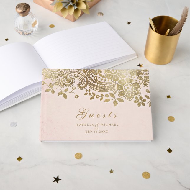 Gold blush elegant lace wedding guest book (Front Open)