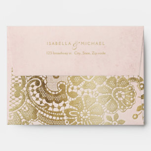 Gold blush elegant lace wedding return address envelope